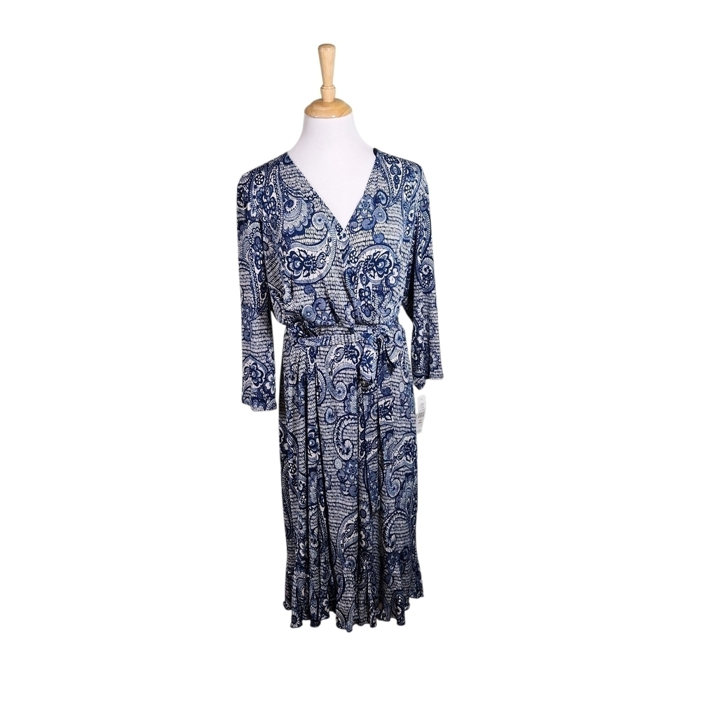 NWT Glamour Midi V-Neck Ties at waist Stretchy Navy & Cream Paisley Dress 18W
